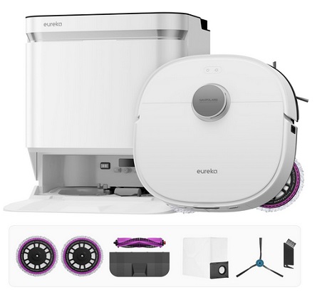 Eureka J15 Pro Ultra Robot Vacuum and Mop with Self Emptying Base, 16,200 Pa Suction, Flex-Arm Design Mop, Auto Mop Hot Water Washing & Hot Air Drying, Anti-Tangle, AI Obstacle Avoidance, White