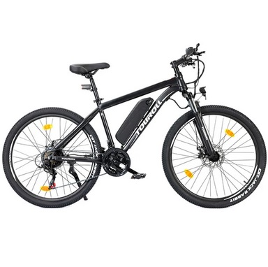 Touroll U1 26-inch Off-Road Tire Electric MTB Bike with 250W Motor, 36V 13Ah Removable Battery, Max 65km Range, Shimano 21-Speed Gear Shimano 21-Speed Disc Brake IPX4 Waterproof - Black