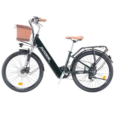 EUROBIKE Cityrun Step-Thru Electric City Bike 26in Tire 250W Motor 36V 10Ah Battery 25km/h Max Speed 30-50km Range SHIMANO 7-speed Gear Dual Disc Brake - Green