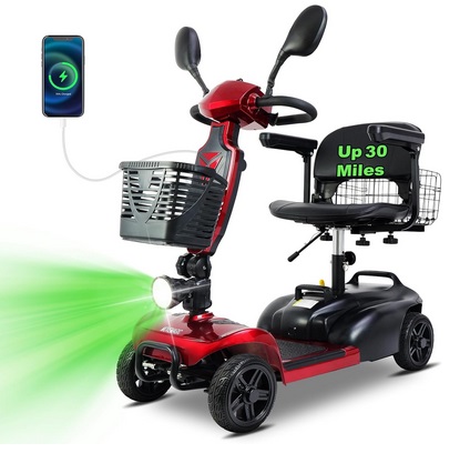Movemagic S2-Red Foldable Travel Electric Mobility Scooter, 30 Miles Long Range 4 Wheel Electric Mobility Scooter, All Terrain Electric Scooter with Seat for Elderly, 6.2mph