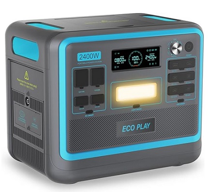 ECO PLAY Portable Power Station, 2400W Solar Generator, 2048Wh LiFePO4 Battery, 1.8H Fast Charging, 110V AC Outlets, Adjustable Input Power, Outdoor Generators for Camping, Home Use, Emergency or RV Travel