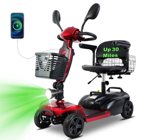MOVEMAGIC H50 Electric Mobility Scooter 30 Miles Long Range 4 Wheel Electric Mobility Scooter, Foldable Travel Mobility Scooter for Adults, All Terrain Electric Scooter with Seat for Elderly, 6.2mph (RED, 30MILES)