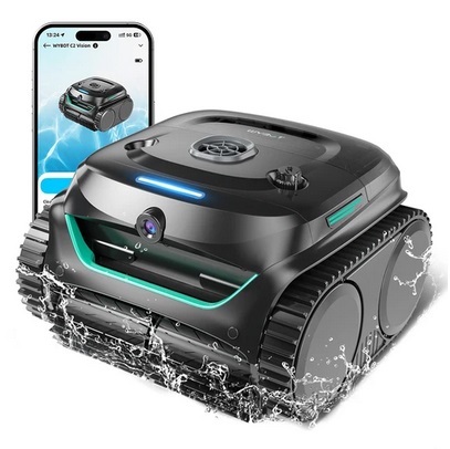 WYBOT C2 Vision Cordless Pool Robot Vacuum, Debris Detection with AI Camera, 8-in-1 Master Cleaning, Two-Layer Filtration, Brushless Motors for Powerful Suction, for Pools up to 1940Sq.ft, Black Green