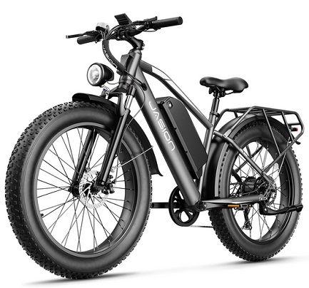 Jasion EB5 MAX Electric Bike for Adults with 1500W Peak Motor, 48V 15Ah (720Wh) Battery Electric Mountain Bike, 26\'\' x 4\'\' Fat Tire Ebike, 28+MPH Speed, Cruise Control, with Fenders, Rear Rack