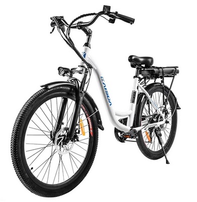 KAISDA K6C Electric City Bike 26 inch Tire 350W Motor 32km/h Speed 36V 12.5Ah Battery for 100km Range Shimano 7-speed E-bike 120kg Max Load Waterproof IP54 LED Light - White