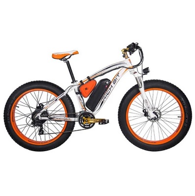 RICH BIT TOP-022 Electric Mountain Bike 26*4.0 Inch Chaoyang Fat Tires 1000W Motor 48V 17AH Battery 35Km/h Max Speed Up To 60km Range Dual Disc Brake LCD Display IP54 Waterproof - White Orange