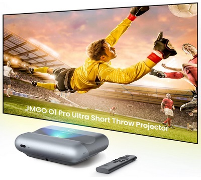 JMGO O1 Pro 1080P FHD Ultra Short Throw Projector,1500ANSI Lumens, 4K Supported Movie Projector with Dynaudio Speakers, Smart UST Projector, Auto Focus & Keystone Correction, Home Theater Projector