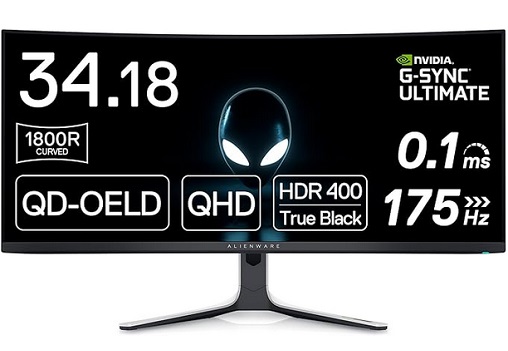 Alienware AW3423DW Curved Gaming Monitor 34.18 inch Quantom Dot-OLED 1800R Display, 3440x1440 Pixels at 175Hz, True 0.1ms Gray-to-Gray, 1M:1 Contrast Ratio, 1.07 Billions Colors - Lunar Light