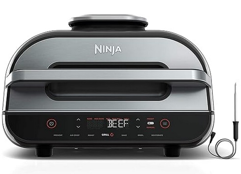 Ninja FG551 Foodi Smart XL 6-in-1 Indoor Grill with Air Fry, Roast, Bake, Broil & Dehydrate, Smart Thermometer, Black/Silver