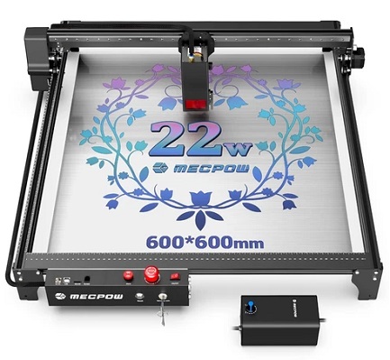 Mecpow X5 Laser Engraver Cutter, 22W Laser Power, Auto Air Assist, 0.08x0.1mm Laser Spot, 28000mm/min Engraving Speed, Safety Lock, Emergency Stop, Flame Detection, Offline Engraving, 600x600mm