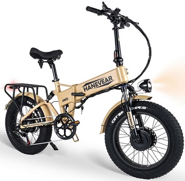 Hanever H100 20\'\' Folding Electric Bike, AWD 1500W Dual Motor e-Bike, w/ LG 16Ah Lithium Battery & Hydraulic Brake, Full Suspension, PAS Improve 370%, Rearview Mirror, Easy to Folding