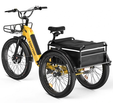 ASOMTOM WHALE Electric Three Wheel Bike 24inch Tires 500W Motor 48V 15AH Battery 50-65KM Max Mileage 210KG Max Load Electric Bicycle - Yellow
