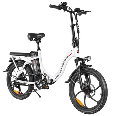 SAMEBIKE CY20 Electric Bicycle 20in Tire 350W Motor 36V 12Ah Battery 32km/h Max Speed 40km Range Dual Suspension, Mechanical Disc Brakes, LCD Display Ebike - White