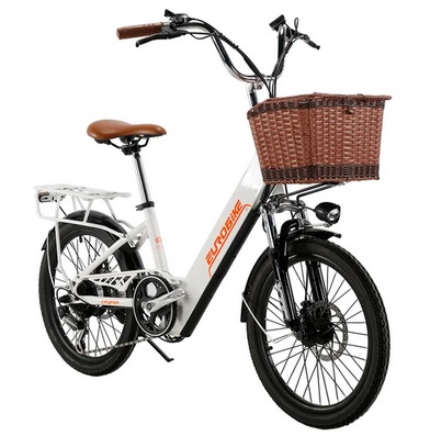 EUROBIKE Cityrun-20 Step-Thru Electric City Bike 250W Motor 20in Tire 36V 10Ah Battery 25km/h Max Speed 30-50km Range SHIMANO 7-speed Gear Dual Disc Brake - White