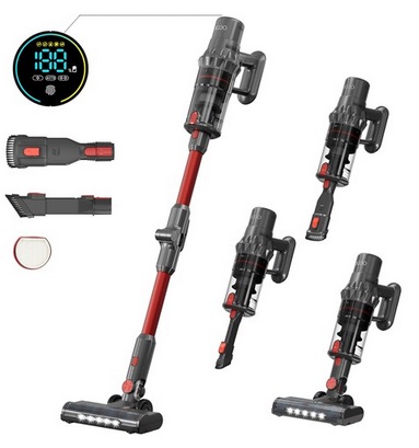 JIGOO C500 Cordless Vacuum Cleaner, 33KPa Suction, 500W Motor, Smart Dust Sensor, 1.2L Dust Cup, 5-Stage Filtration, Up to 60 Mins Runtime, 8x2200mAh Removable Batteries, LED Touch Screen, Rotatable Metal Tube - Red
