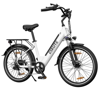 ESKUTE C100 Electric Bike, 26inch Tires, 250W Motor, 36V 10.4Ah Battery, 25km/h Max Speed, 50-60km Range, Mechanical Disc Brakes, SHIMANO 7 Speed - White