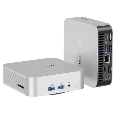 GEEKOM A8 AI Mini PC, AMD Ryzen 7 8845HS 8 Cores Max 5.1GHz, 32GB RAM 1TB SSD, USB3.2 Type-C (8K@30Hz) + USB4.0 Type-C (8K@30Hz) + 2*HDMI 2.0 (4K@60Hz) Four Screen Display, WiFi 6E Bluetooth 5.2, 3*USB3.2 Type-A 1*USB2.0 1*RJ45 1*Headset Jack