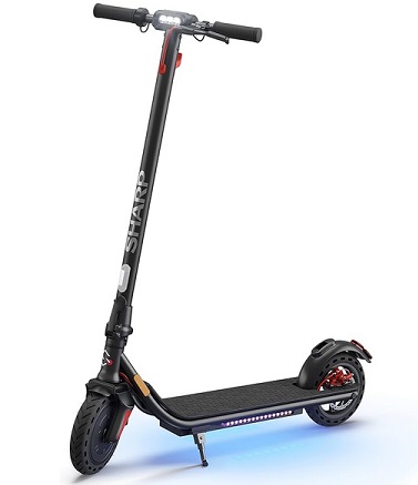 SHARP EM-KS1AEU-B Adult Foldable Electric Scooter, Kick Scooter with LED Light Footplate, Digital Display, Dual Brake System, Safety Lock, USB Charging, Headlight & Stand - Black