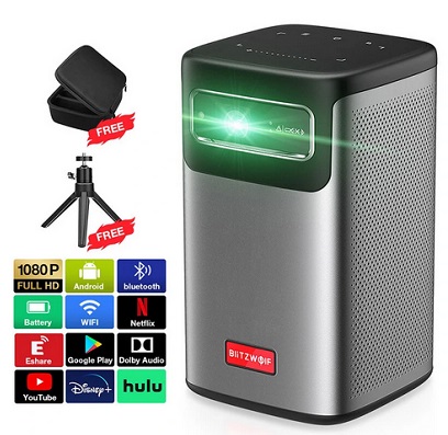 BlitzWolf BW-VT2 ProMax DLP Mini Projector WIFI6 Android TV Bluetooth 5.0 Auto Focus Auto Keystone Correction Netflix YouTube Built-in Battery 3D Home Theater Outdoor Movie