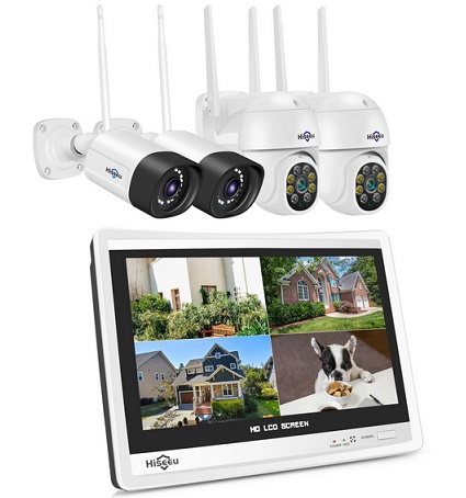 Hiseeu 4HC25 5MP 8CH Wireless CCTV Surveillance Camera System PTZ WiFi Camera with 12-inch Monitor Color Night Vision Two-way Audio Security Cameras Eseecloud APP Support Alexa